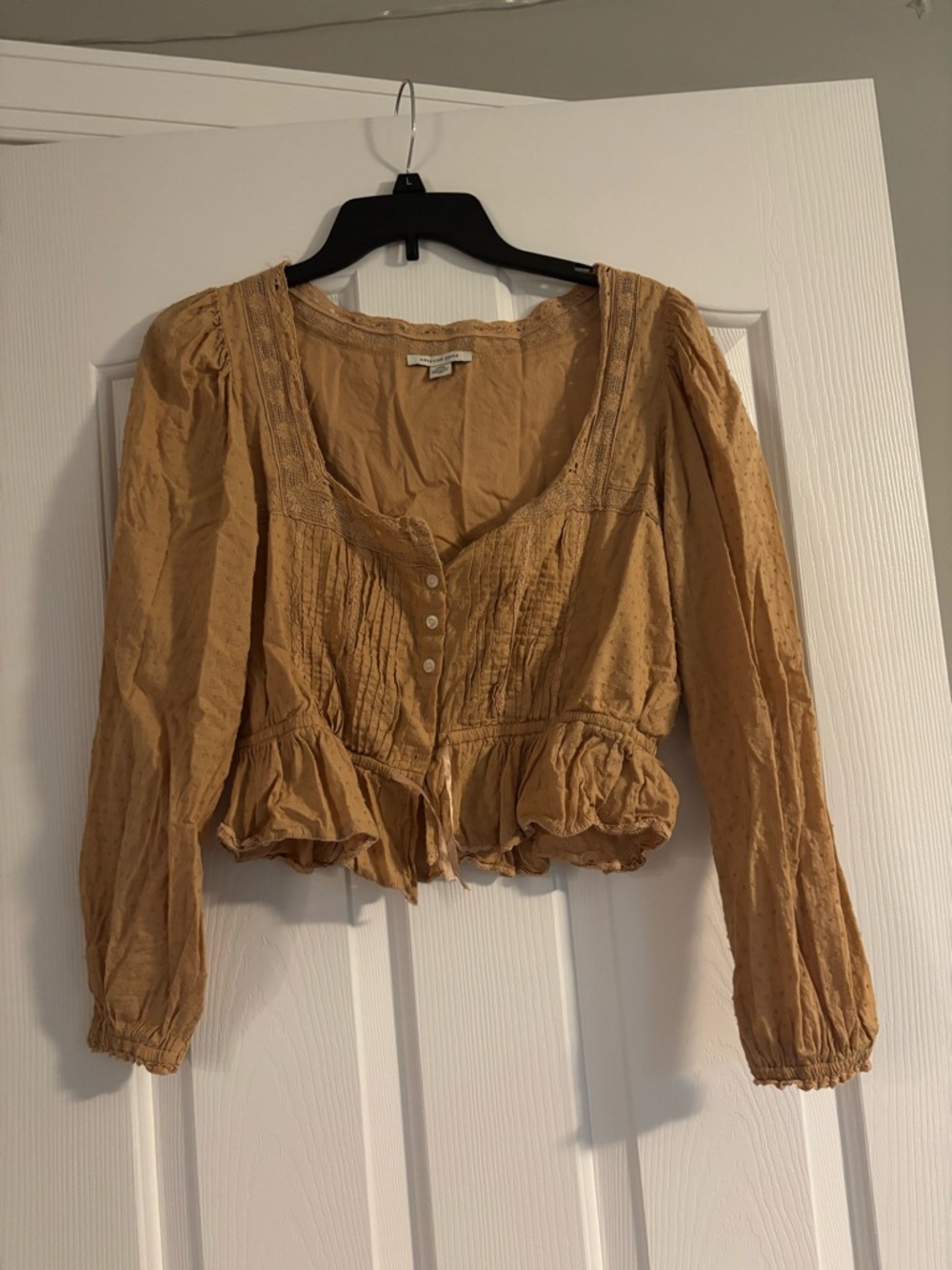 American Eagle Outfitters Tan Ruffle-Hem Button Front Blouse